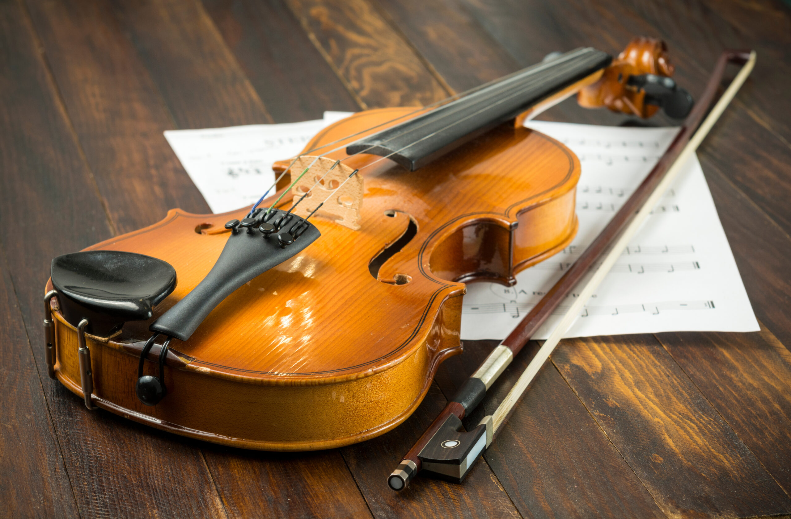 A violin stands in grass against a turquoise wall