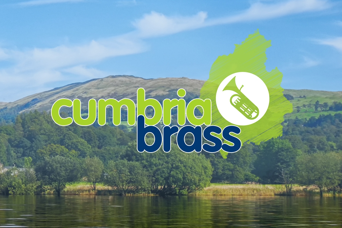 Image of a Cumbrian lake with hills and a blue sky. Overlaid with a green and blue logo saying Cumbria Brass. There is an image fo the map of cumbria with a brass instrument in the centre